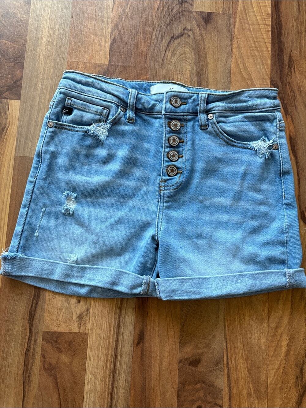 KanCan Light Blue Distressed High-Rise Denim Shorts